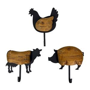 Farm Animal Decorative Wall Hooks Set of 3 Wood Metal Chicken Cow Pig